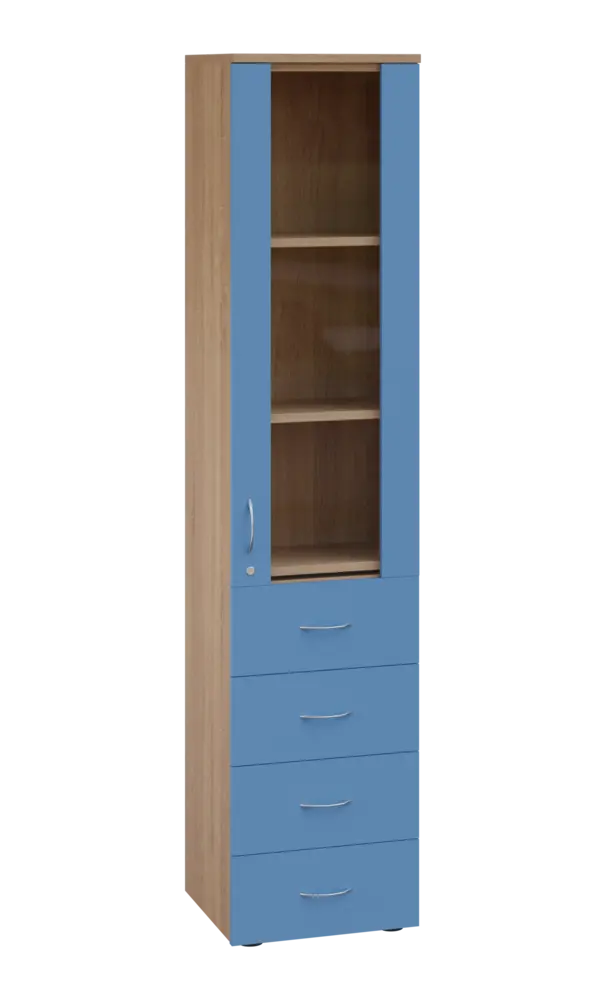 LE - 44 skříň léková prosklená, pravá, korpus dub bardolino, dvířka pastelově modrá